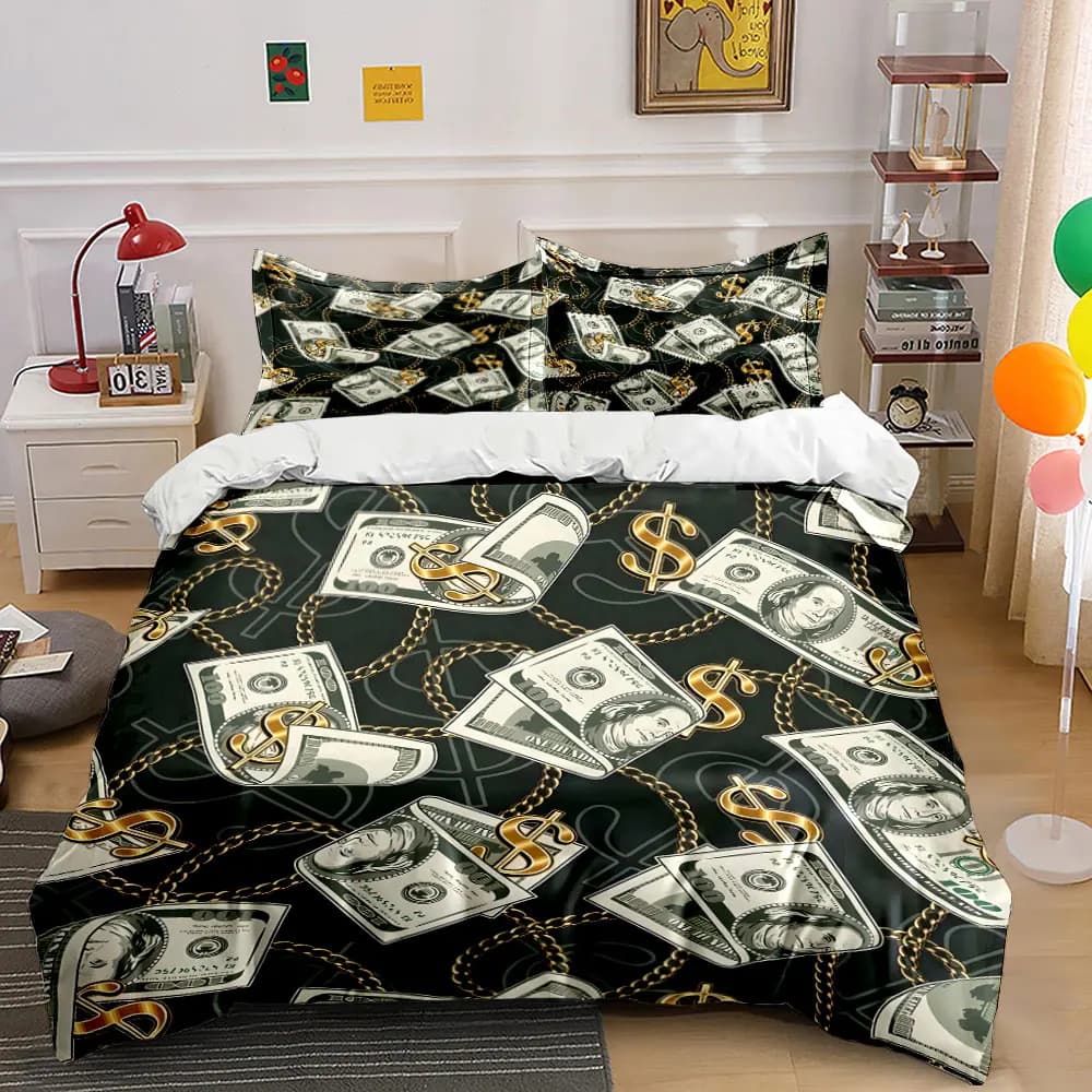Set di biancheria da letto con stampa di sfondo con catene di dollari e oro, morbido e confortevole, include 1 copripiumino e 2 federe.