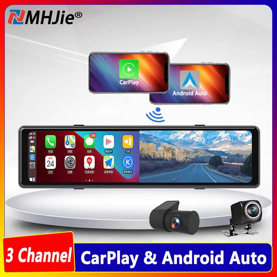 4K Carplay Android Auto Dash Cam 3 canali Stream specchietto retrovisore GPS Navi 5G WIFI Car DVR videoregistratore trasmettitore FM