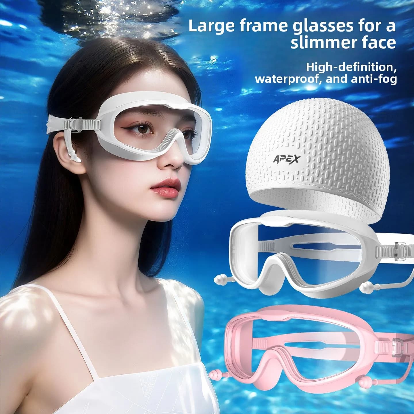 Occhialini da Nuoto per Donna ad Alta Definizione, Antiappannamento, Impermeabili, Set con Cappuccio, Attrezzatura da Immersione, Protezione per Occhi per Adulti