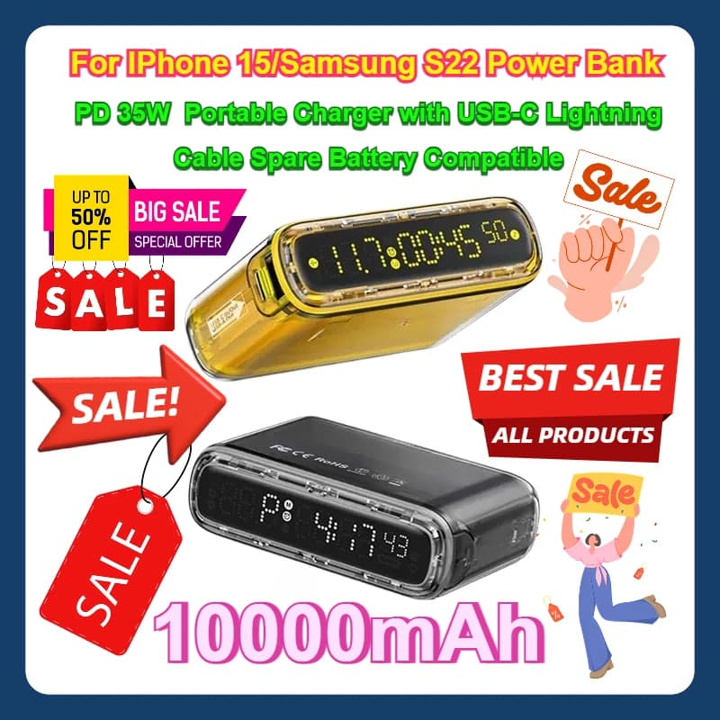 Per IPhone 15/Samsung S22 Power Bank 10000mAh PD 35W Caricatore portatile con cavo USB-C Lightning Batteria di ricambio compatibile