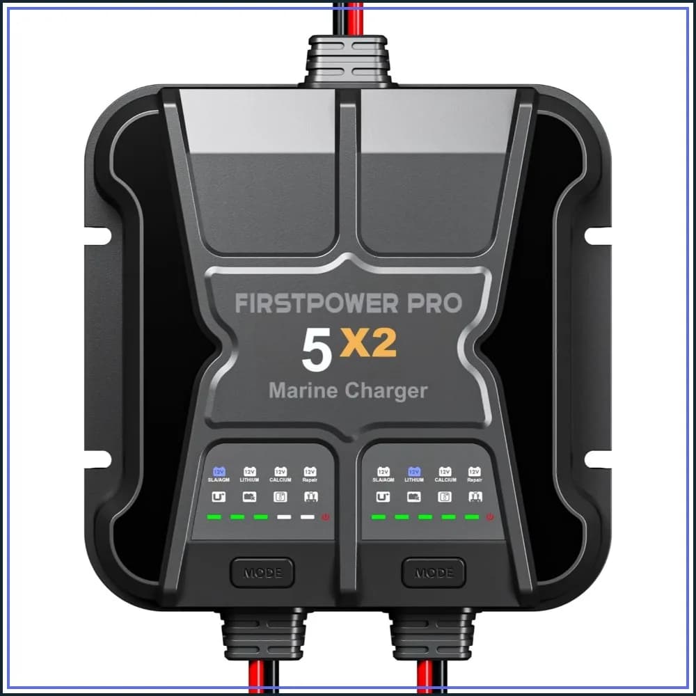 10A 2-Bank Marine Battery Charger, 5A/Bank - 12V Waterproof Onboard Charger for SLA/AGM, LiFePO4, Calcium & Deep-Cycle Batteries