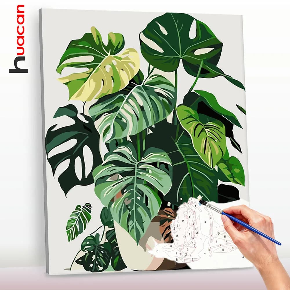 Huacan Oil Painting By Numbers Paint By Numbers On Canvas Green Potted Plants Coloring By Numbers Leaf Picture For Bedroom