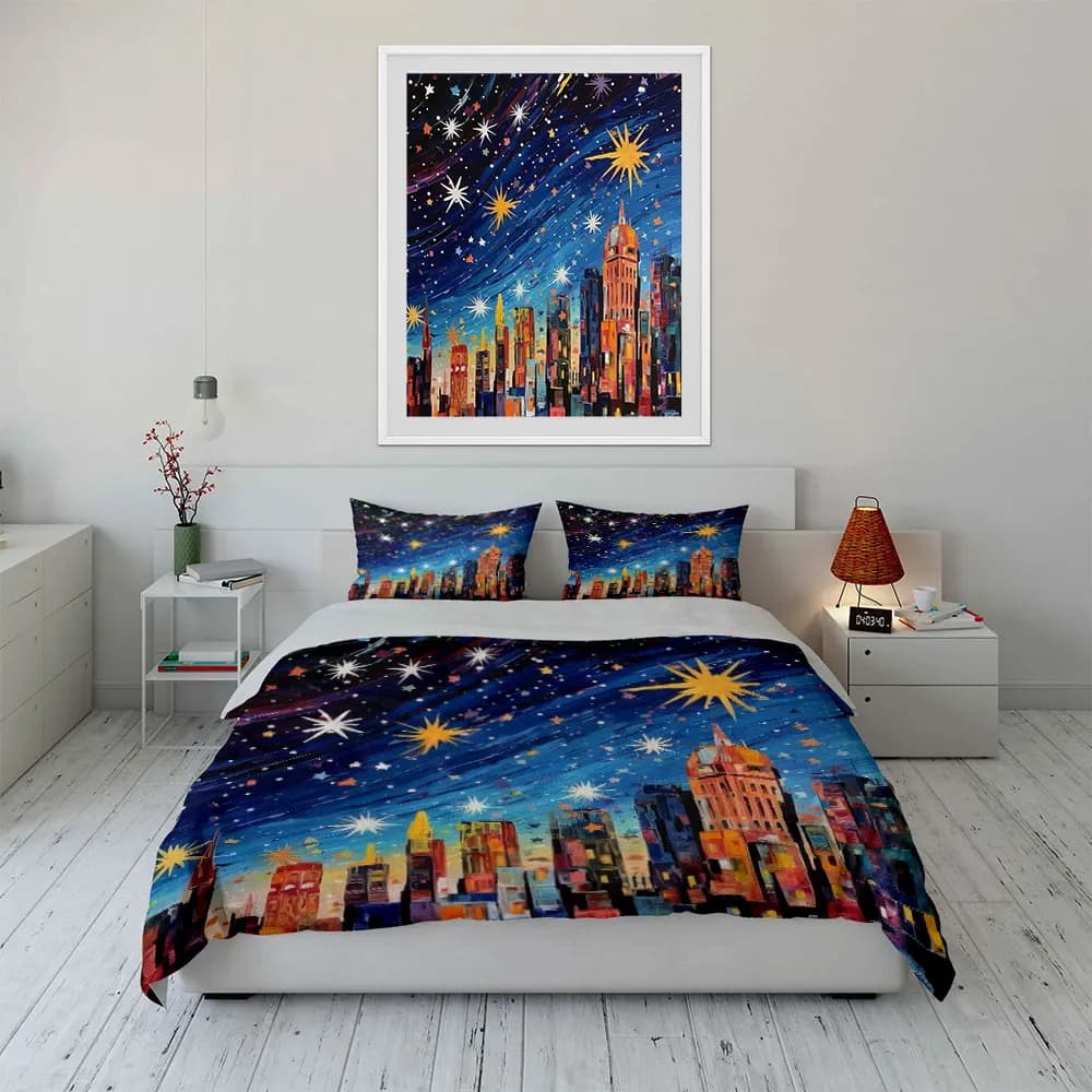 Set di biancheria da letto con decorazioni di paesaggi urbani notturni stellati, con 1 copripiumino e 2 federe, singolo, matrimoniale, king, queen, regalo