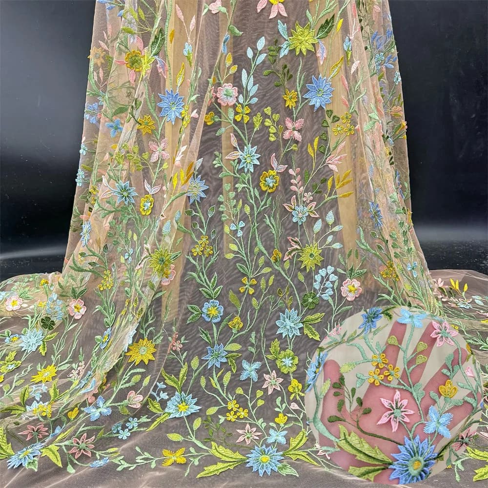2 Yds/lot 150cm Wide New 3D Floral Embroidered Tulle Fabric Lace Mesh Material for Wedding Dresses and Evening Gowns F020