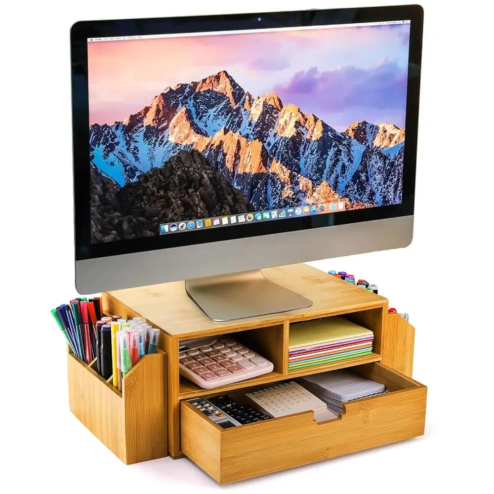 Organizer da Scrivania in Bambù a 2 Livelli, Supporto per Monitor con 1 Cassetto e 2 Portapenne, Organizzatore per Scrivania con 2 Scomparti