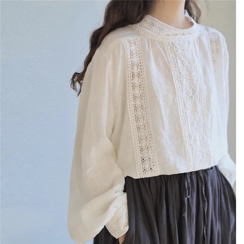 Johnature New Mori Linen loose dig out women's shirts 2023 spring autumn loose women's shirts Vintage solid color