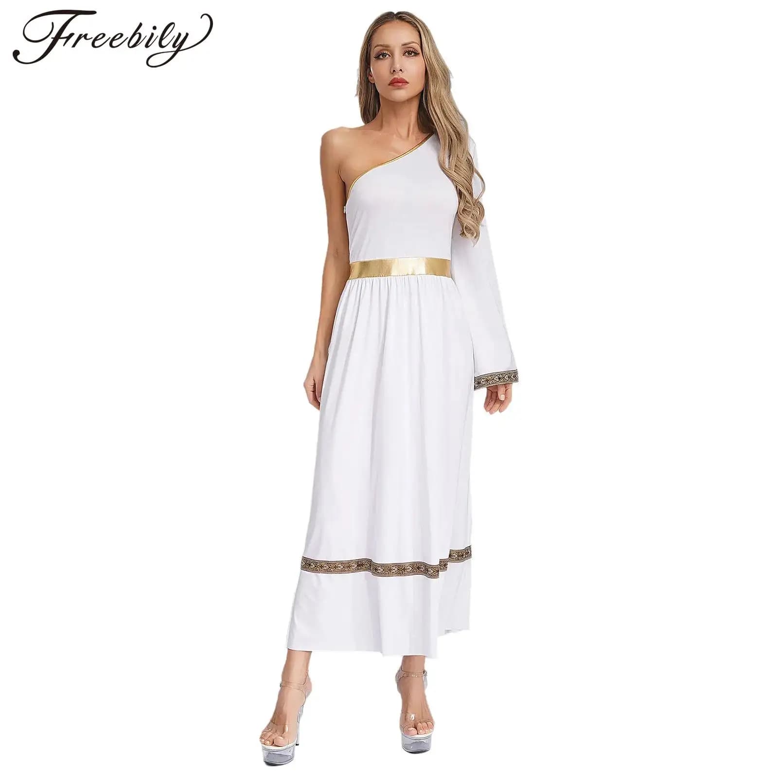 Women One Shoulder Ancient Greek Roman Toga Dress Halloween Carnival Grecian Goddesses Princess Queen Nobility Cosplay Costume