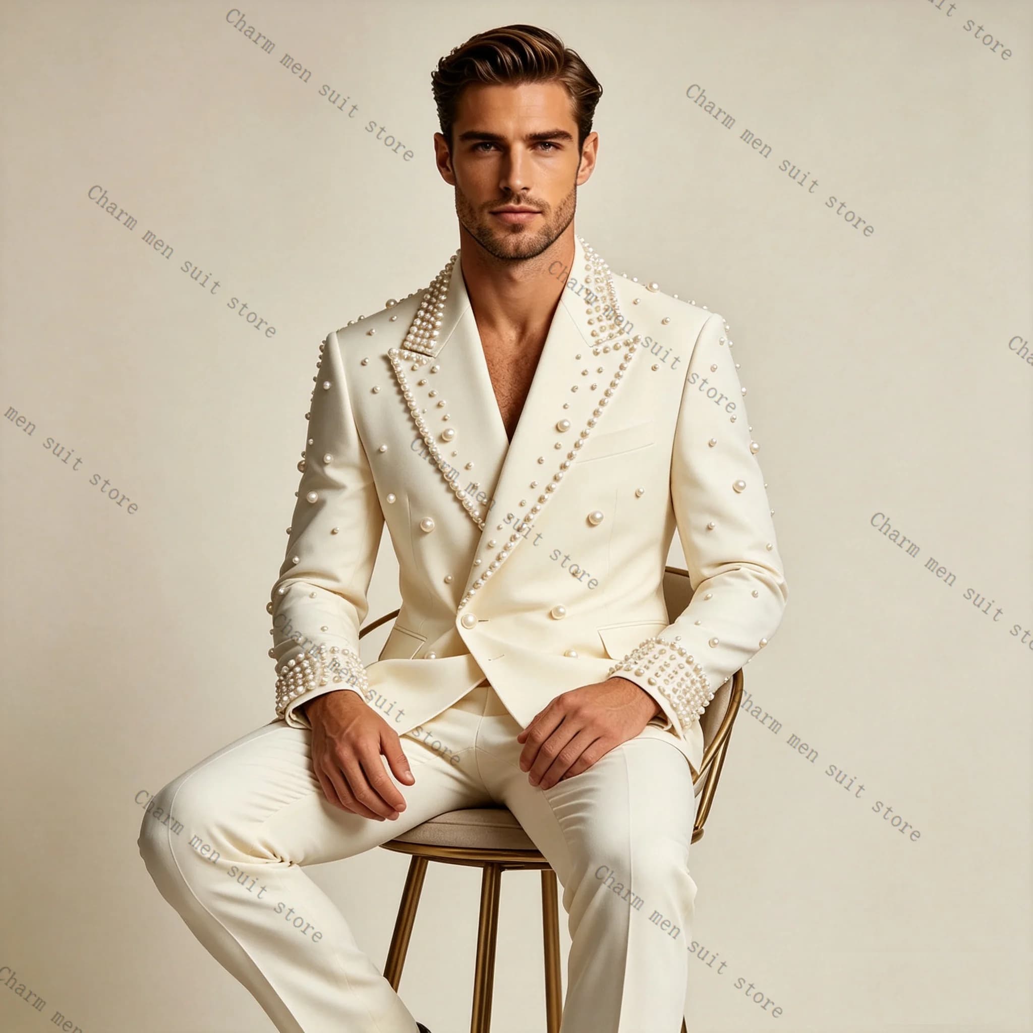 White Designer Men Suits Set 2 Pcs Blazer+Cotton Pants Trousers Pearls Wedding Tuxedo Formal Office Business Groom Jacket Coat