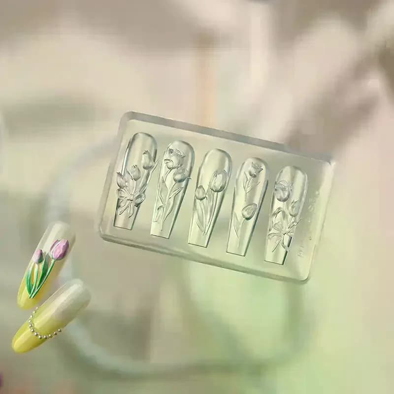 Mold For Carving Nail Art Tulips Template Manicure Decoration Tool For Home DIY Salon Use Silicone