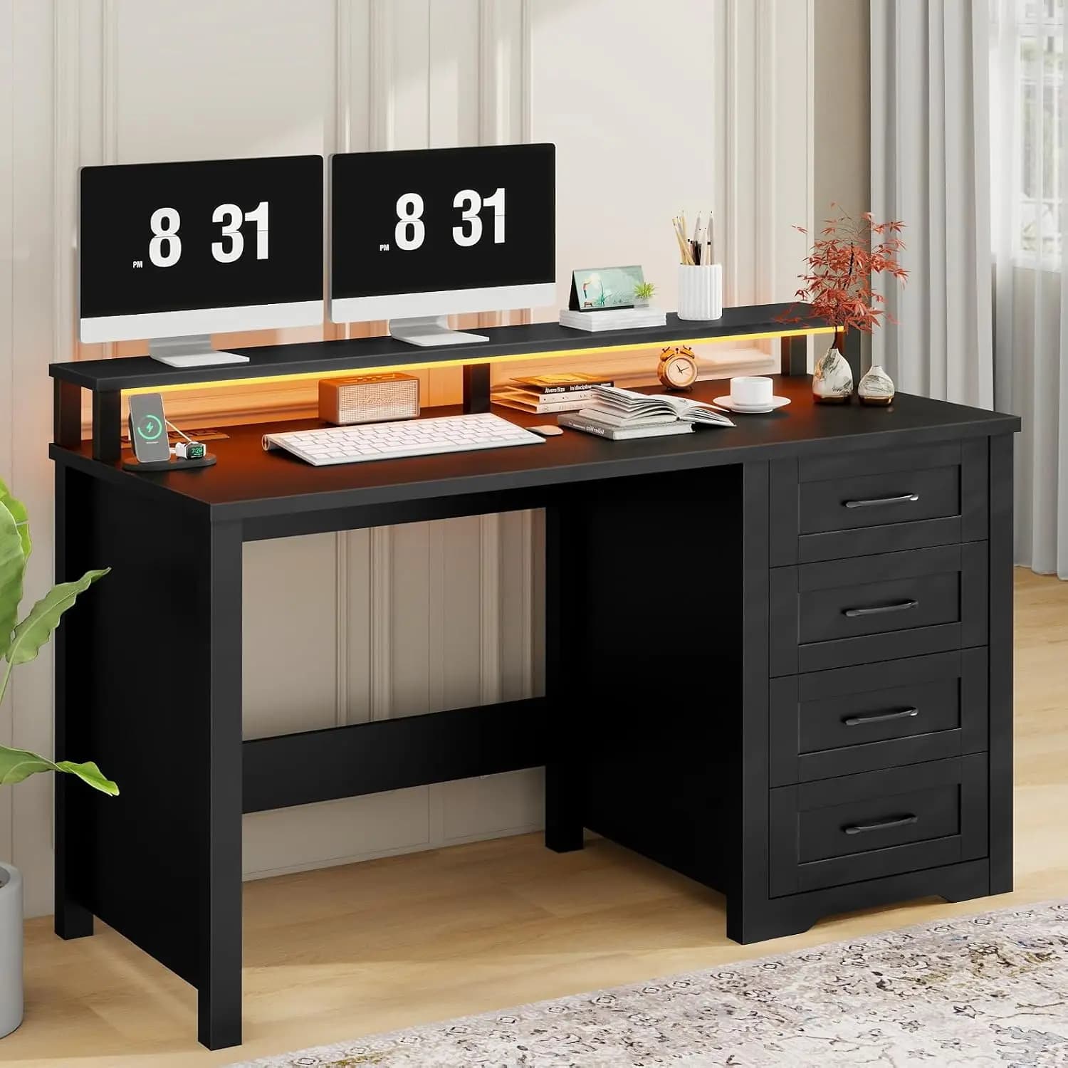 Farmhouse Desk 47" with 4 Drawers, LED Lights & Power Outlets, Monitor Stand, Large Workspace for Office, Customized