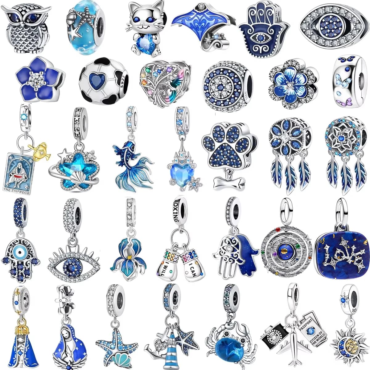 Original 925 Sterling Silver Blue Flower Star Moon Dreamcatcher Charms Beads Pendants Fit Bracelet Necklace DIY Jewelry Gift