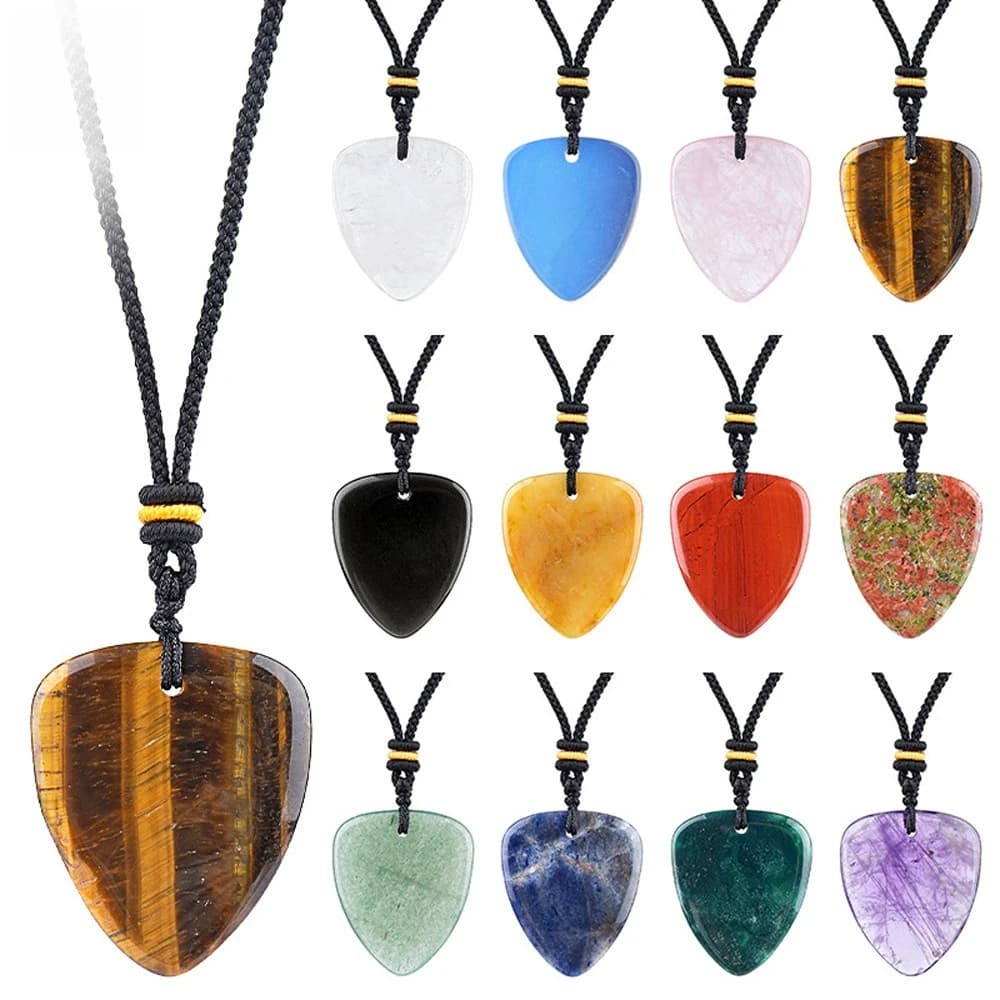 Natural Stone Guitar Pick Pendant Adjustable Necklace Creative Crystal Cool Jewelry Rock Music Accessories Music Lovers Gift