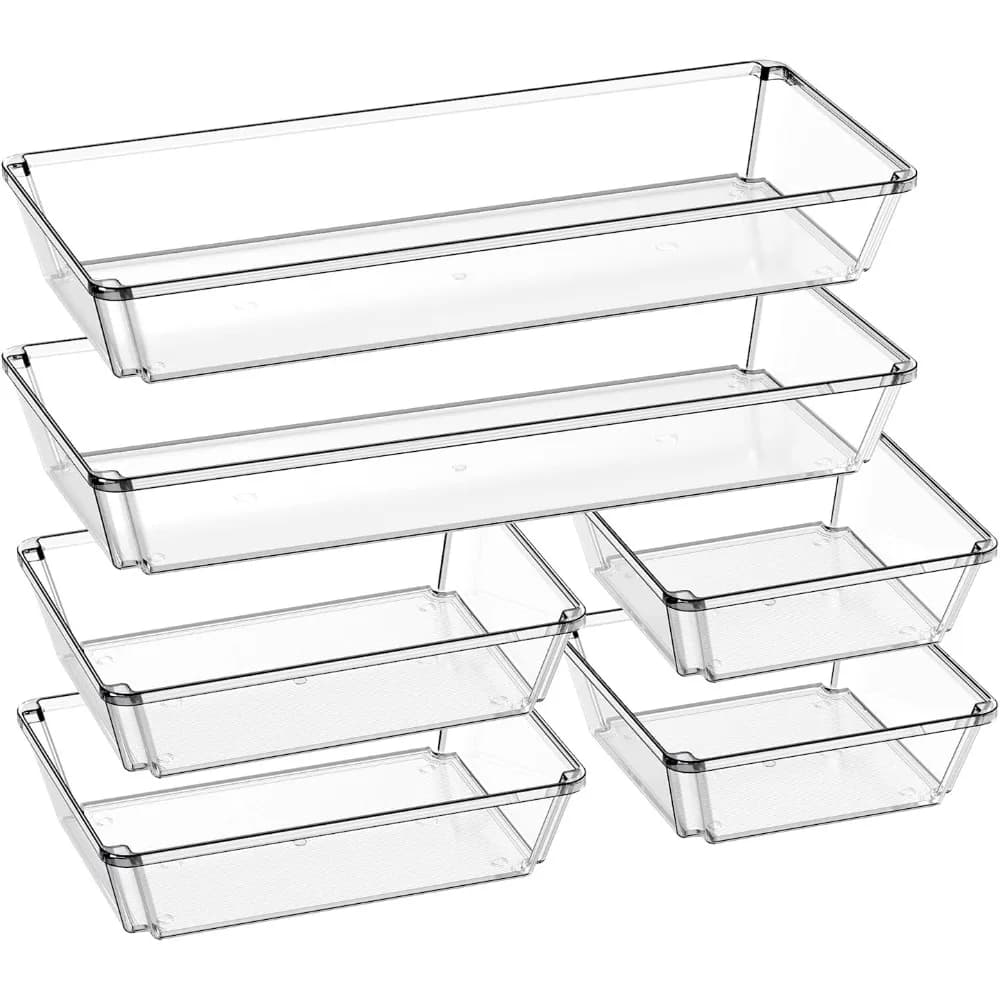 Confezione da 6 grandi vassoi organizer per cassetti in plastica trasparente, organizer per cassetti da scrivania e divisori portaoggetti, contenitori portaoggetti antiscivolo per gioielli