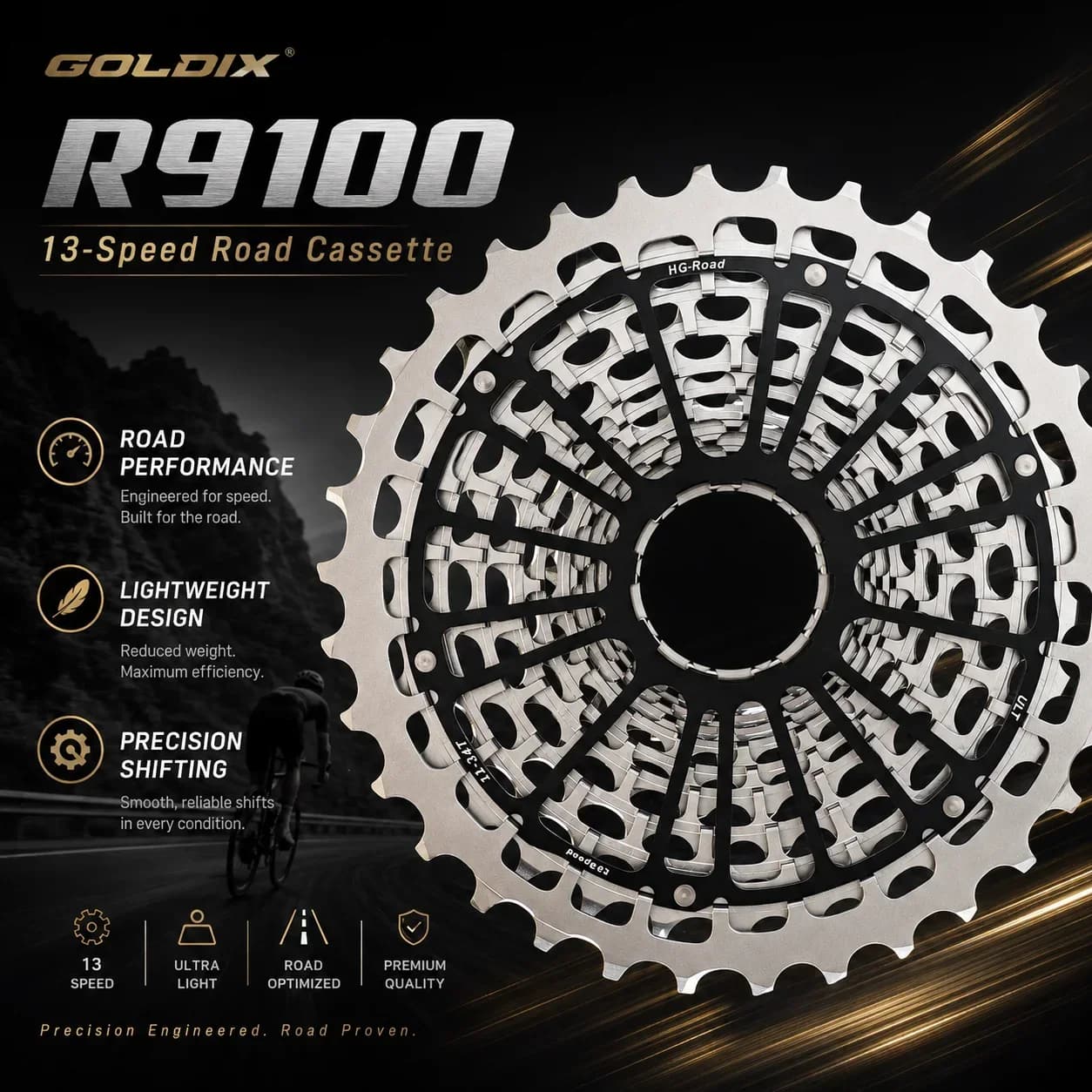 GOLDIX 13 Speed Road/Gravel Bike Cassette 11-34T Ultra-Light 210g One-Piece Steel Flywheel HG Freehub 12V All CNC Sprocket