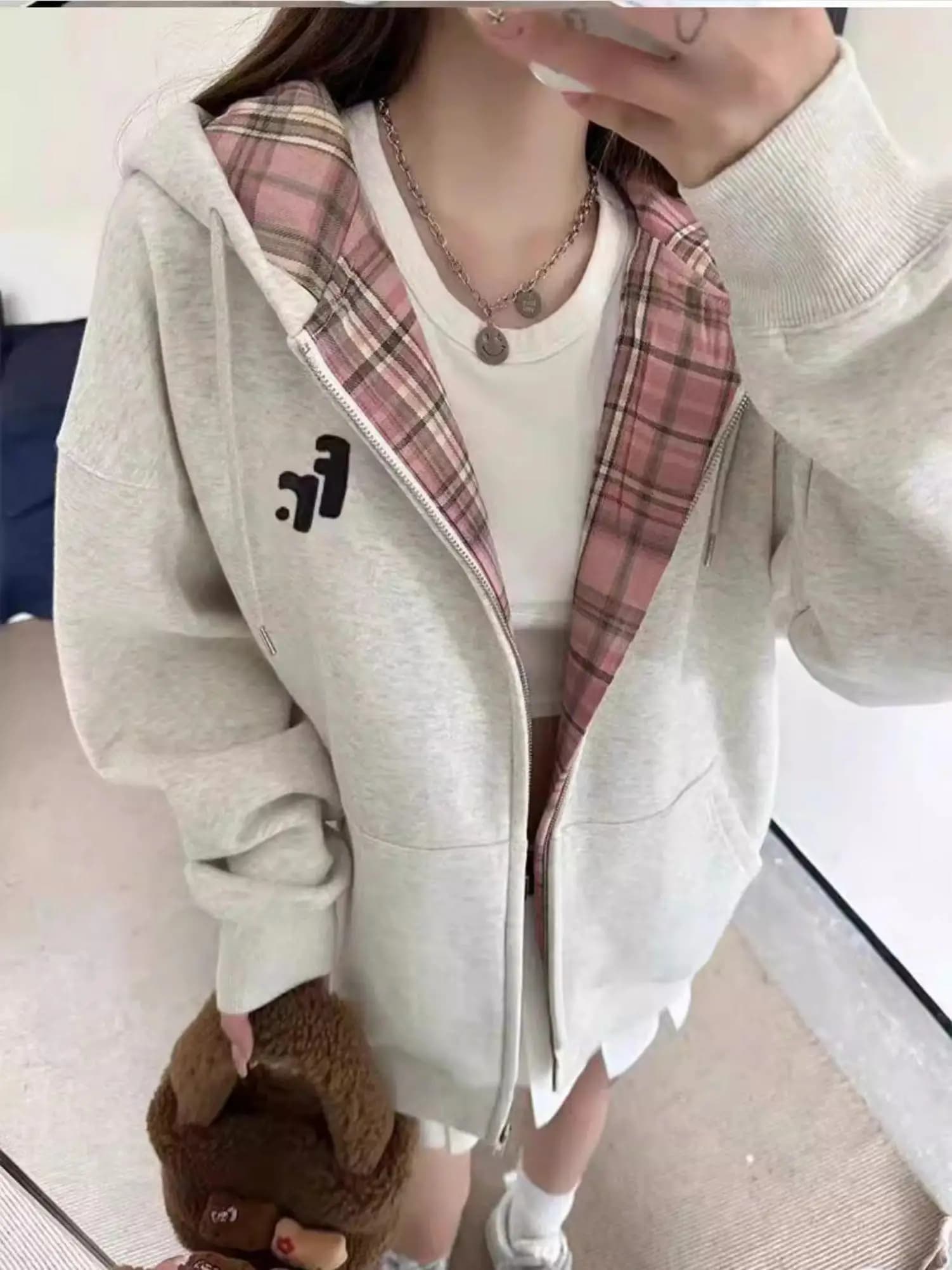 Grey Fleece Lined Patchwork Hoodie Jacket Women's Oversize Zipper Cardigan Casual Autumn Winter New Style Korean Version