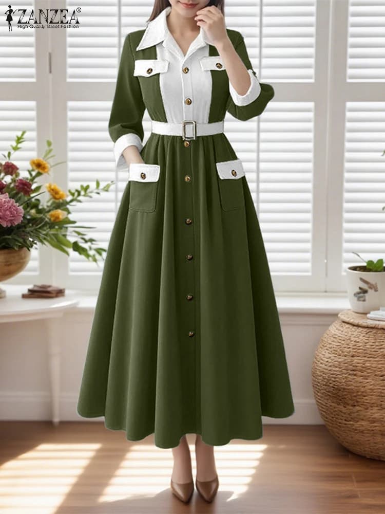 ZANZEA Abito da festa elegante senza cintura Donna Manica lunga Patchwork di colore Maxi abiti lunghi 2025 Autunno Risvolto Casual A-Line Robe