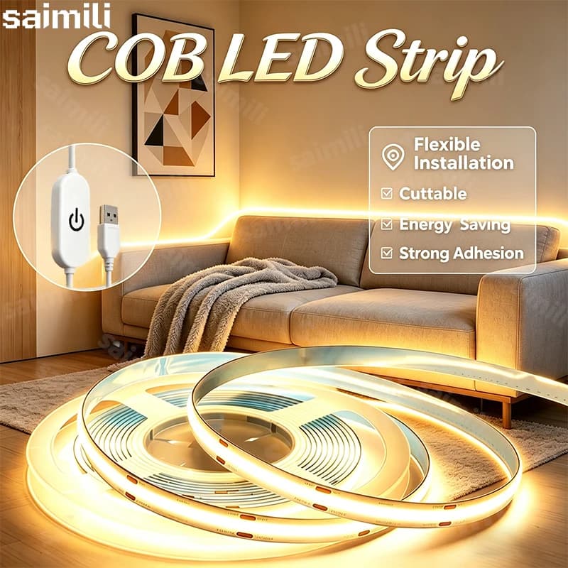 Striscia LED COB 5V USB Flessibile e Pieghevole con Sensore Touch Dimmerabile per Retroilluminazione TV, Armadi e Illuminazione Adesiva