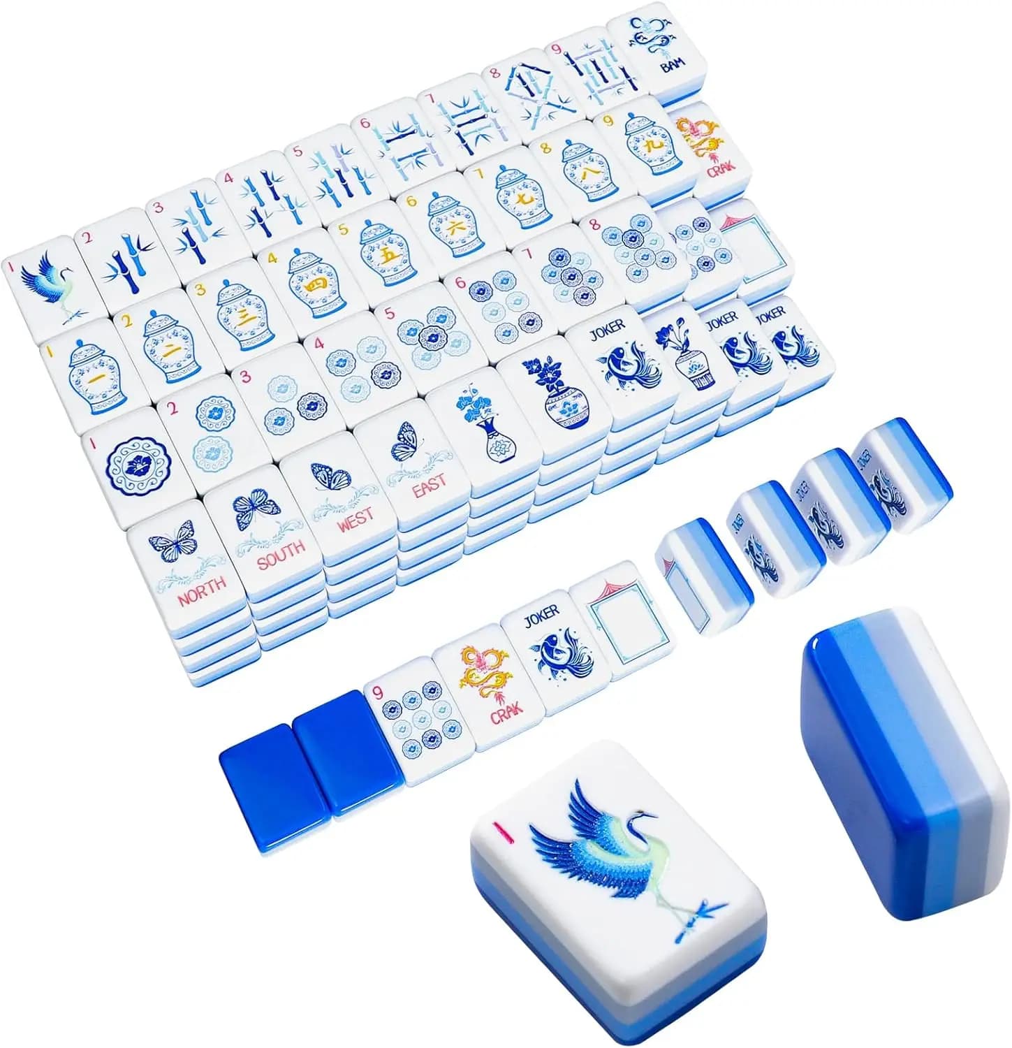 Set di Tessere Mahjong Americano con 160 Tessere Acriliche Blu Incise, Borsa e Accessori in 4 Strati