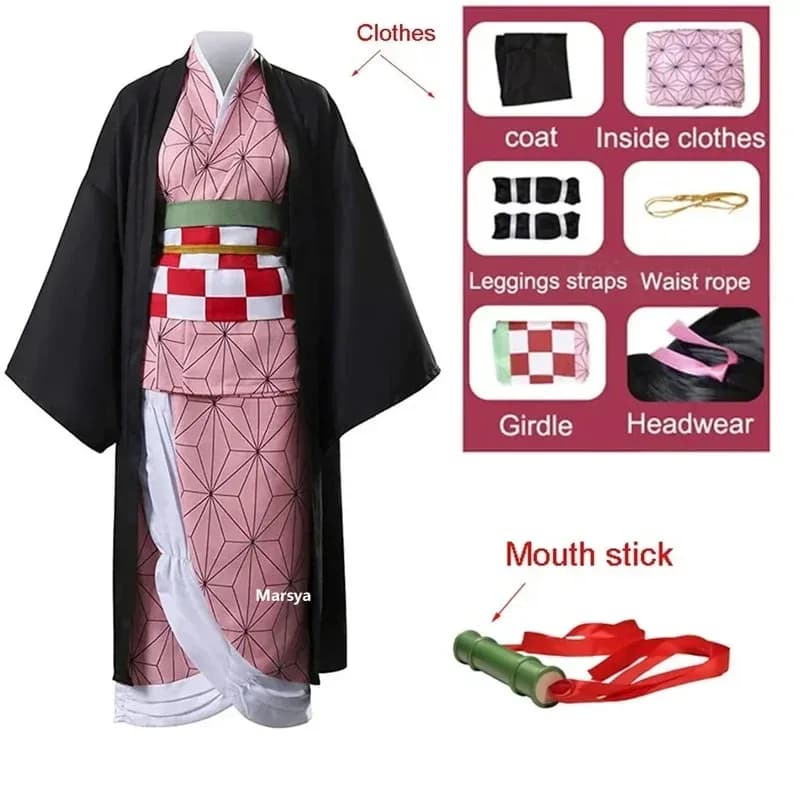 Kamado Nezuko Costume Cosplay Anime Demon Slayer Kimono Hallween per Donne Ragazze Bambini Adulto Scarpe Parrucca Orecchini Figura Portachiavi5;c