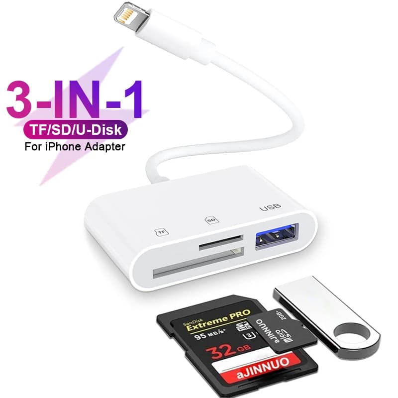 Lettore di schede di memoria USB SD TF 3 in 1 per iPhone 15 11 14 Pro Max Adattatore OTG per fotocamera iPad Trasmissione fotografica Accessori per telefoni