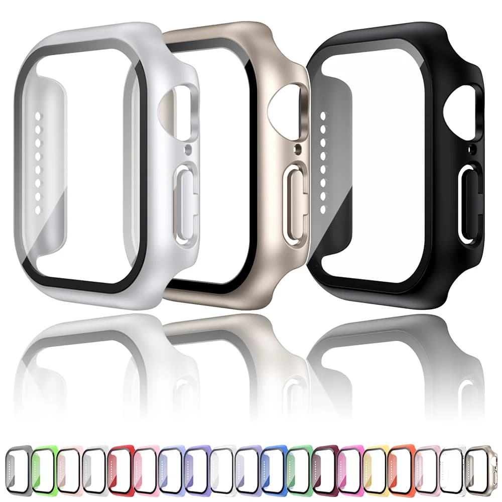 Tempered Glass + Case for Apple Watch 38mm 40mm 41mm 42mm 44mm 45mm 46mm Screen Protective Case iWatch 10 8 7 9 SE 5