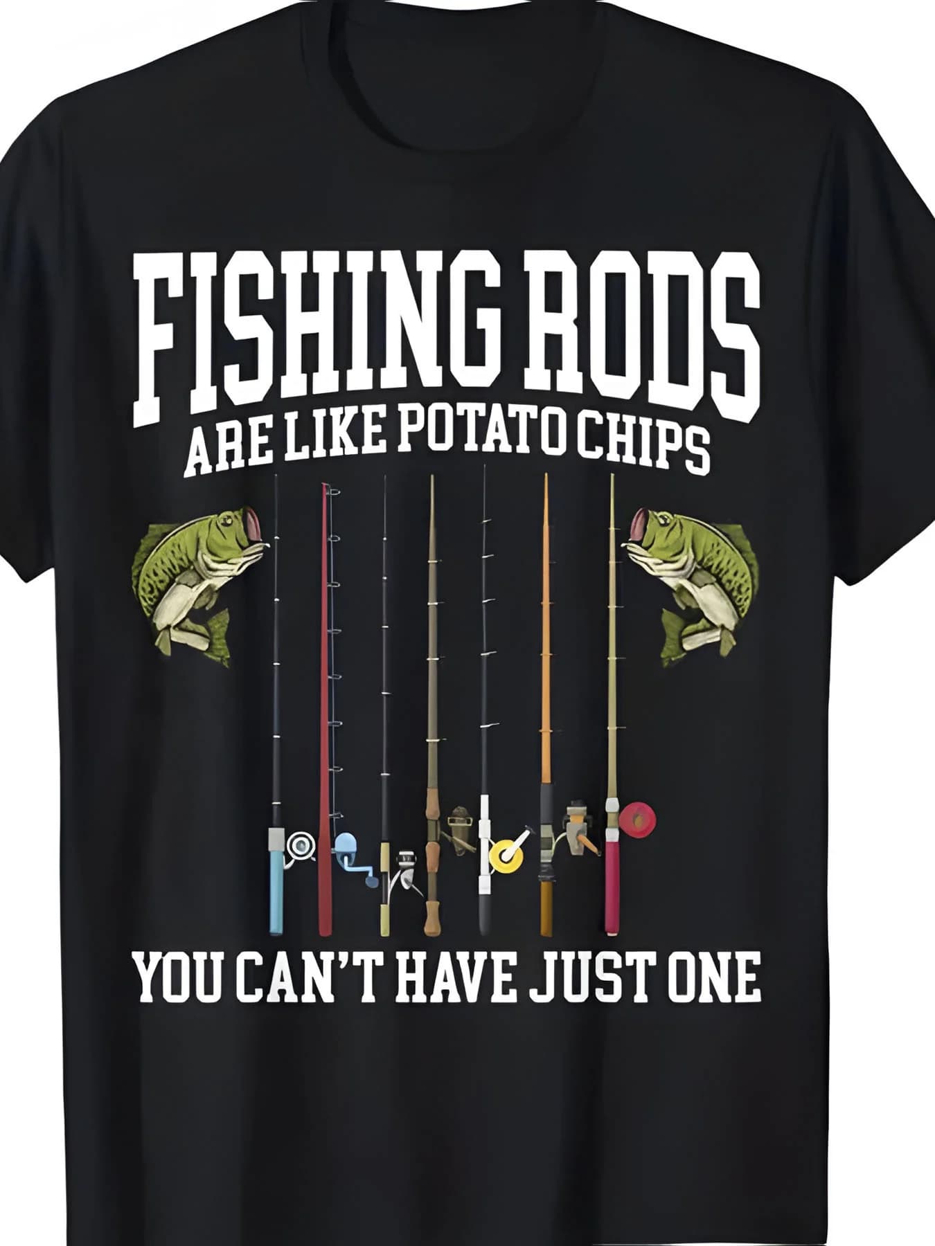 Men's Fishing Rod Pattern T‑Shirt - Casual Crew Neck T‑Shirt, Printed With "Fishing Rod Is Like Potato Chips", Short Sleeve, All Seasons, Casual Wear | Humorous Printed T‑Shirt | Knitted Texture