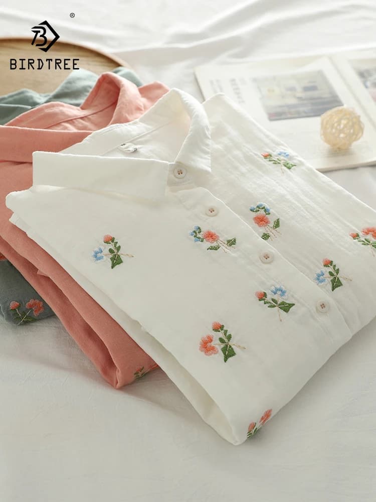Nuova camicia estiva a maniche 3/4 in filato di cotone 2025, ricamo colletto rovesciato da donna, camicetta ampia morbida e versatile per ragazza Mori T53912CC