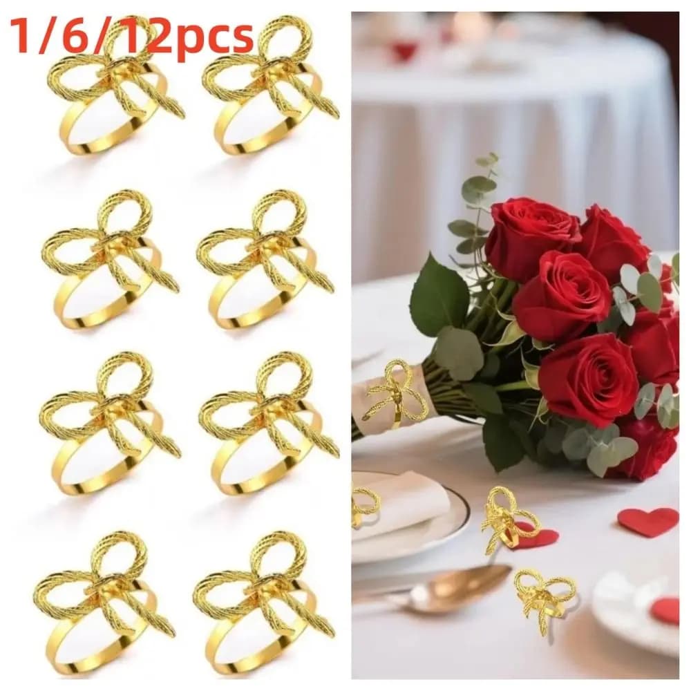 1/6/12pcs Elegant Bow Napkin Ring Buckles Metal Christmas Thanksgiving Napkin Holder Gold Gift Dinnig Table Decoration