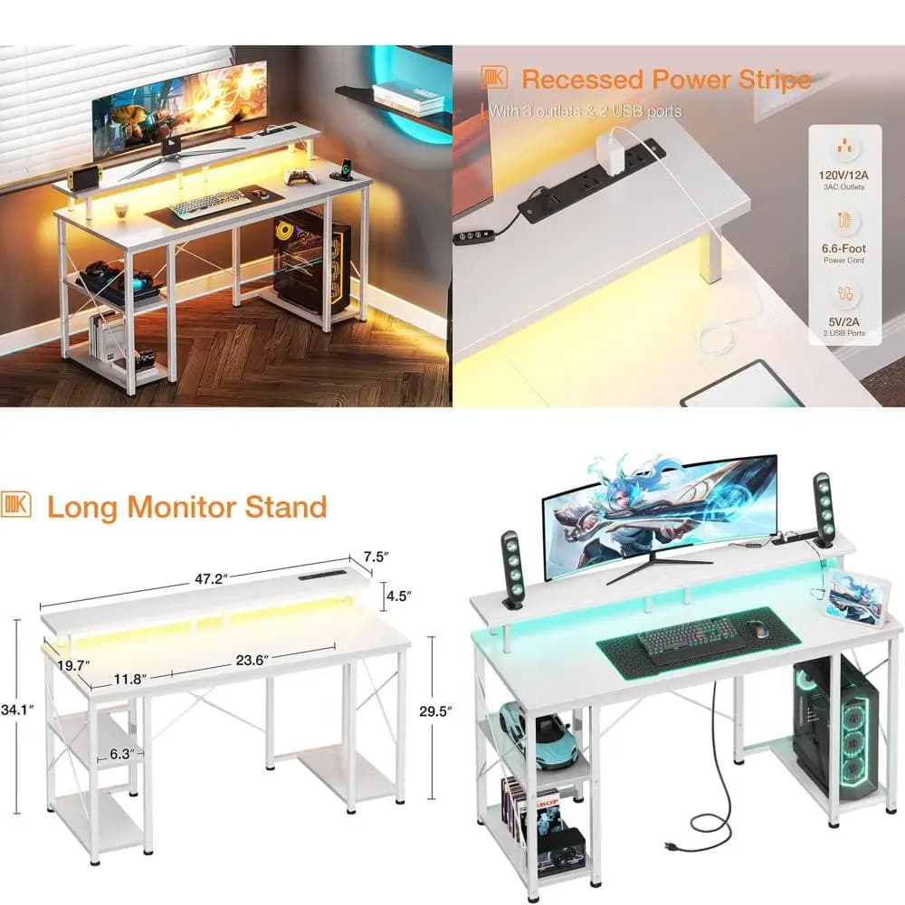 48-inch White Gaming LED Desk with Current Grips, Monitor Support and Home Office Storage Pads