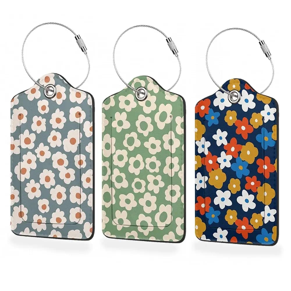 Spedizione Gratuita - Set di 3 Etichette per Bagagli, Tag Vintage in Pelle con Fiori e Copertura Privacy per Valigie, Etichetta Identificativa con Nome