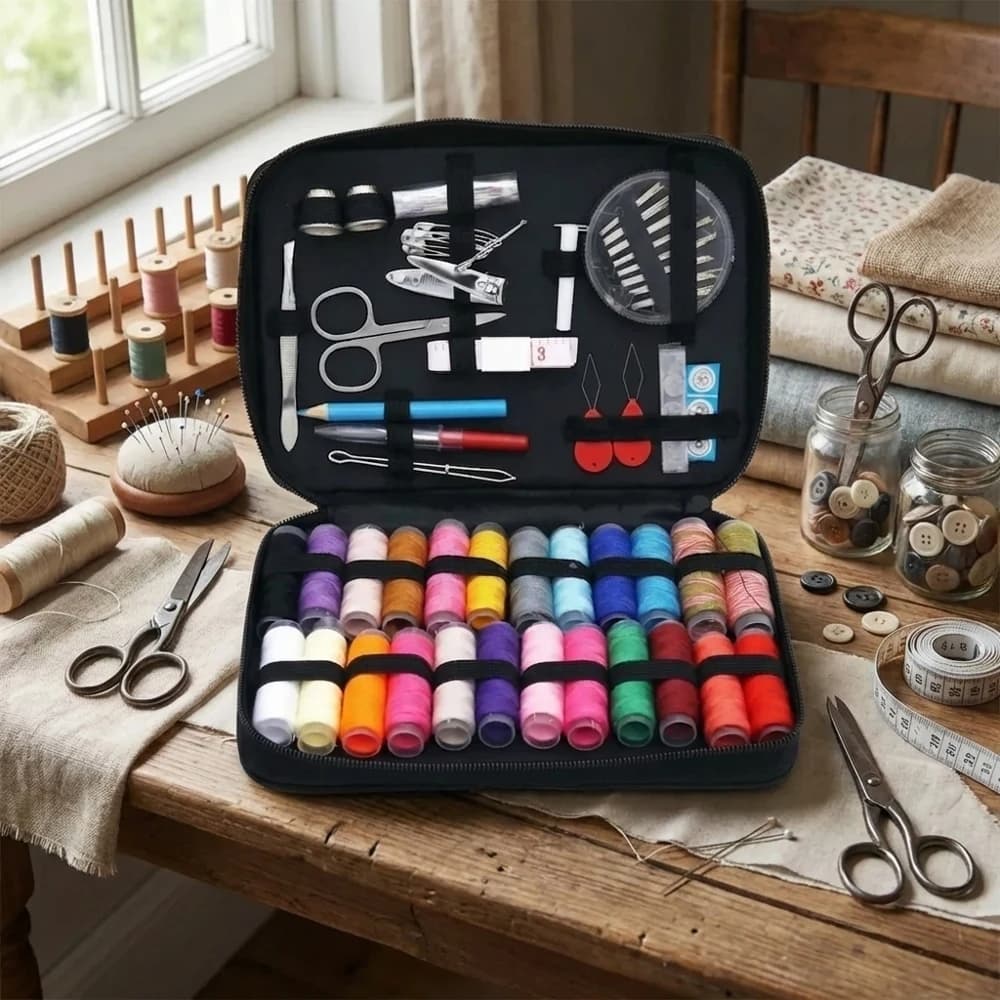 Kit da Cucito da 85 Pezzi con Scatola Portaoggetti con Cerniera, Fili Assortiti, Forbici, Aghi, Infilafilo, Pinzette, Metro a Nastro, per Lavori Manuali Fai-da-te