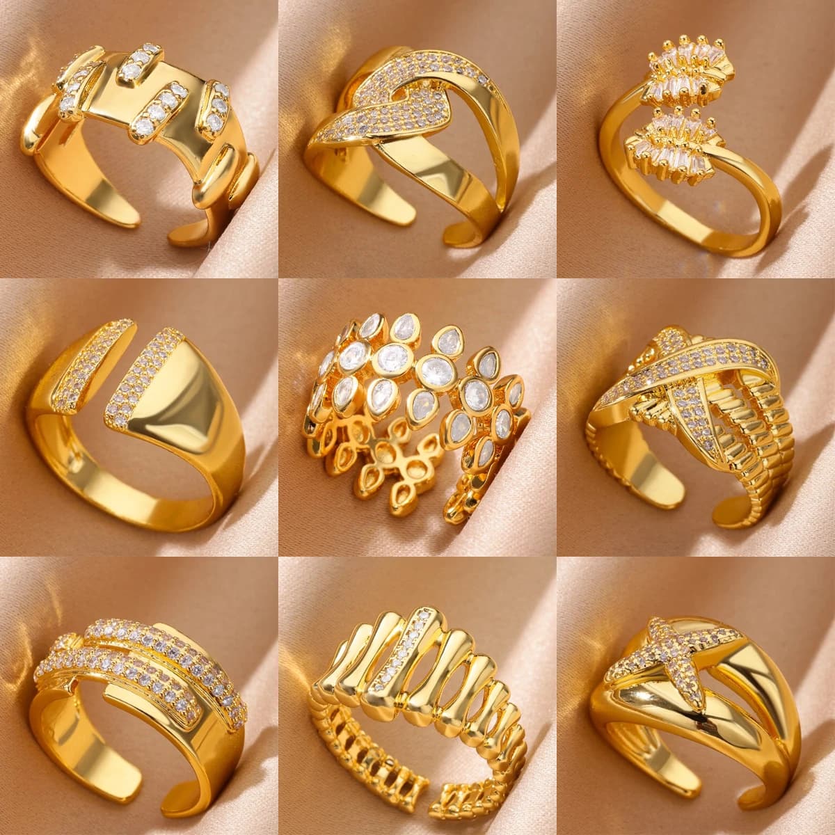 Anelli geometrici in zircone Cristal per donna Anello da dito regolabile color oro in acciaio inossidabile Regalo di gioielli di lusso per matrimonio alla moda