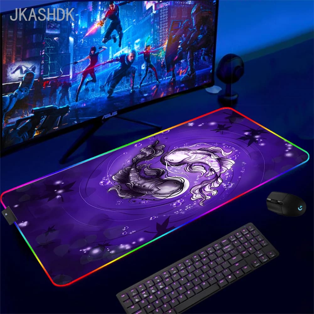 Tappetino per mouse RGB grande Koi Fish Tappetino per mouse da gioco Tappetino per mouse LED Tappetini per mouse per giocatori Tappetini per tastiera RGB Yin Yang Tappetini per tastiera XXL 100x50