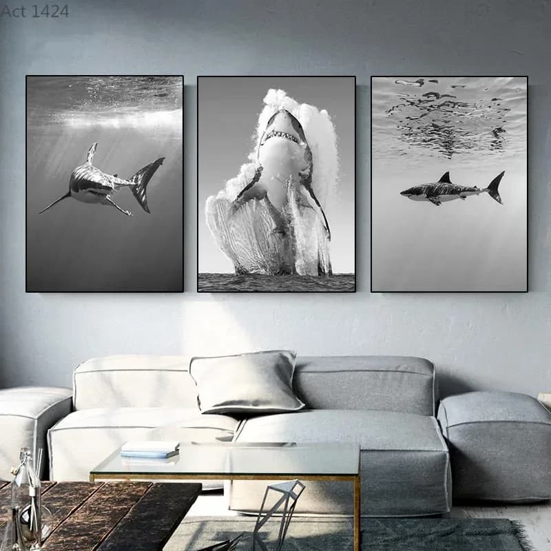 1pc Frameless Canvas Painting Animal Canvas Painting Black White Wall Art Shark Poster and Prints Monochrome Nature Painting