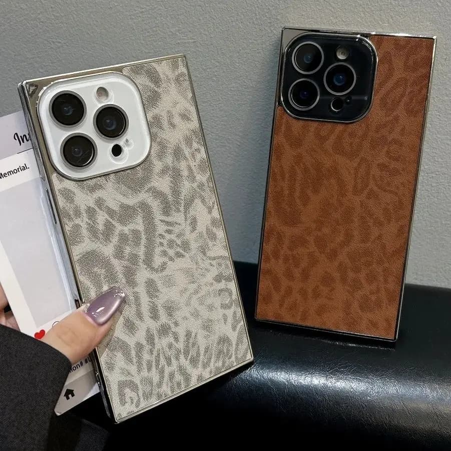 Plating Leopard Print Cool Pattern Square Phone Case For iPhone 16 15 14 13 Pro Max Crystal Lens Glass Protect Shockproof Cover