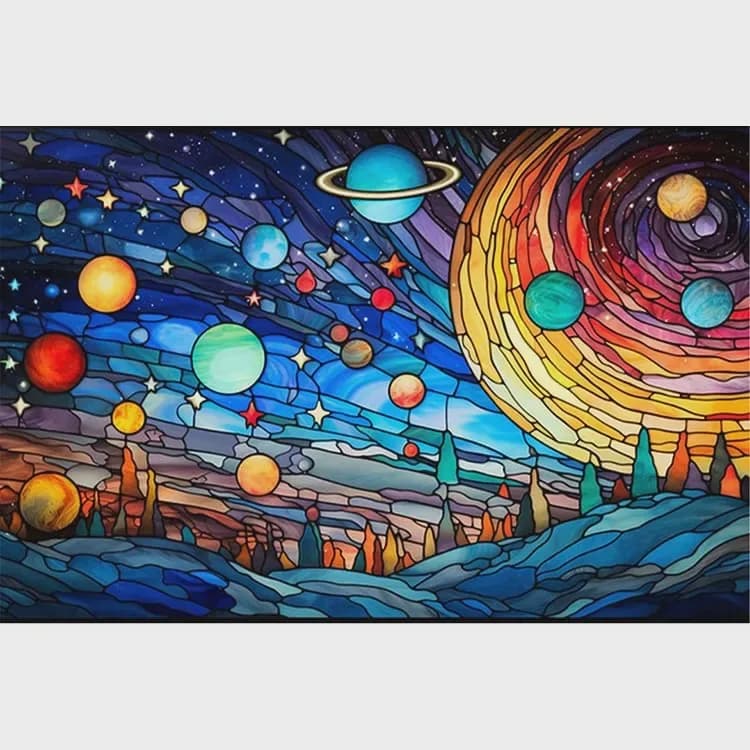 Diamond Painting Stained Glass Outer Space Colorful Planets Starry Sky Alien Mountain Landscape DIY Home Wall Decor