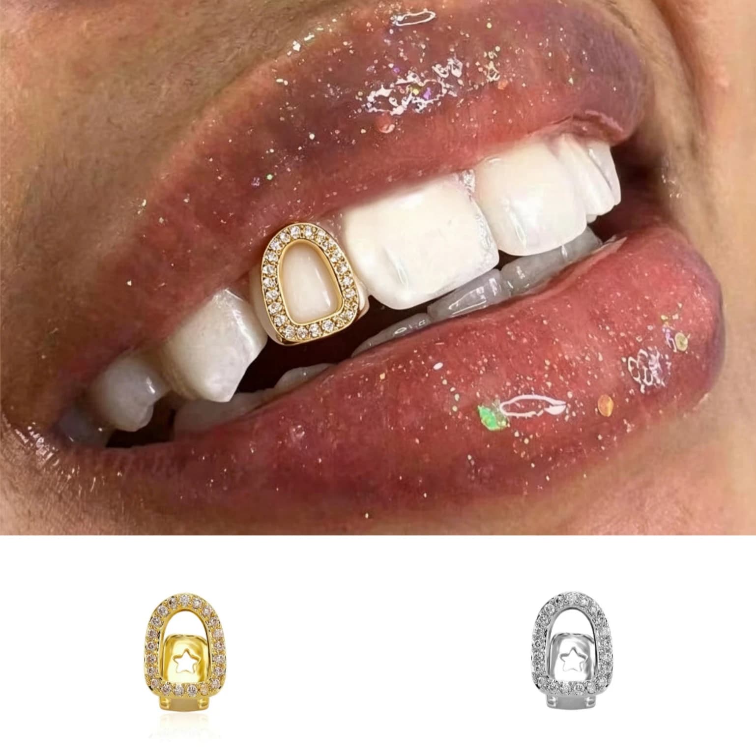 Grillz dentale Hip Hop singolo con pietre CZ complete, dentiere cave, coperture dentali lucide in zircone per gioielli da uomo e donna