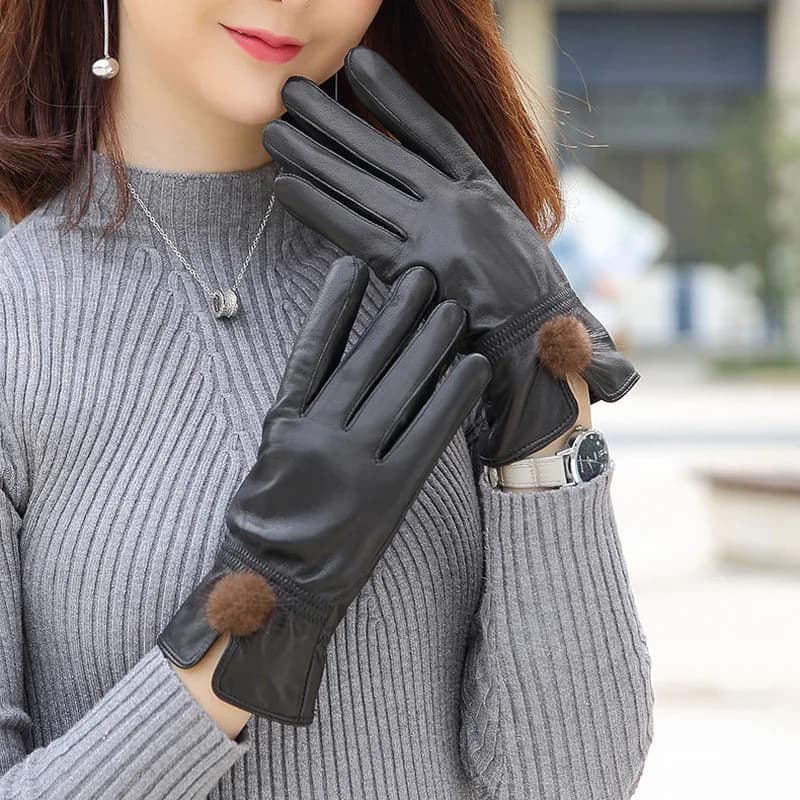 Women's Genuine Leather Gloves Sheepskin Winter Windproof Warm Fashionable Work Protection Gloves