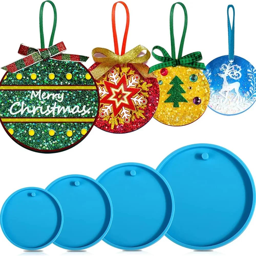 4pcs Round Pendants Epoxy Resin Mold Christmas Decorations Silicone Mold Christmas Tree Ornaments Keychain Backpack Decoration