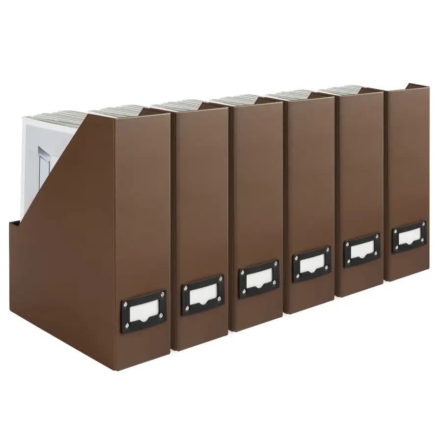 Set di 6 Portariviste Verticali in Cartone con Slot per Etichette in Pelle, Portariviste da Tavolo e Portadocumenti in Cartone