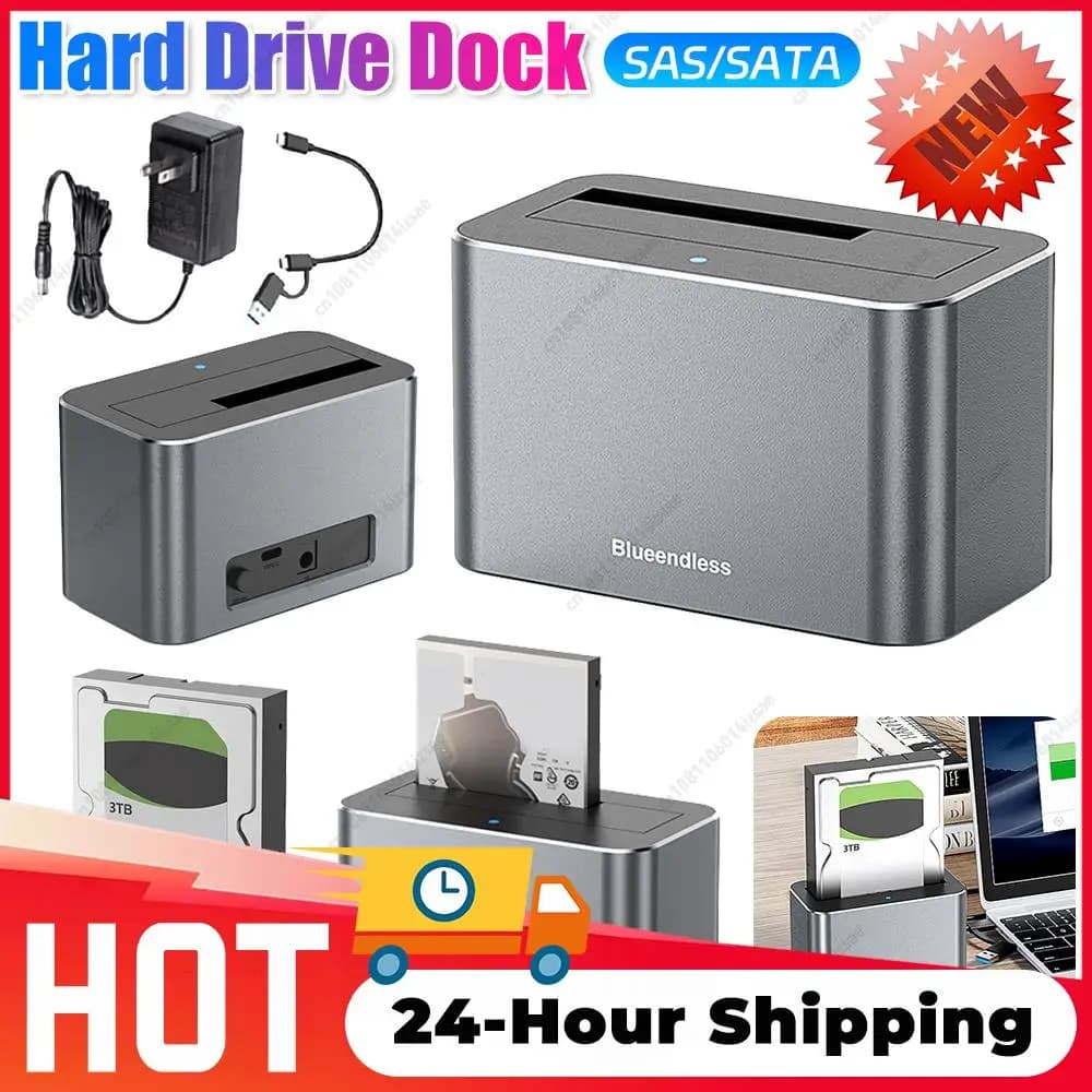Docking Station USB 3.0 per HDD/SSD, 5Gbps SATA SAS, per dischi rigidi da 2.5 e 3.5 pollici, fino a 20TB, Plug and Play, alimentazione stabile.