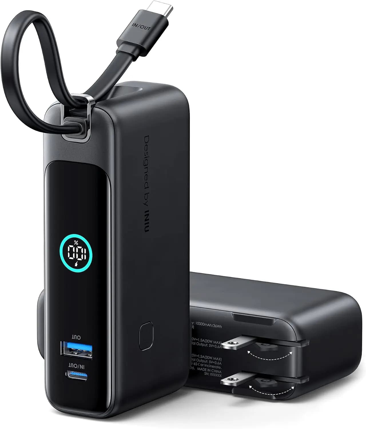 Portable Charger, 10000mAh 30W Fast Charging Power Bank,Built-in USB C Cable and Foldable AC Plug,Travel Essentials Battery Pack