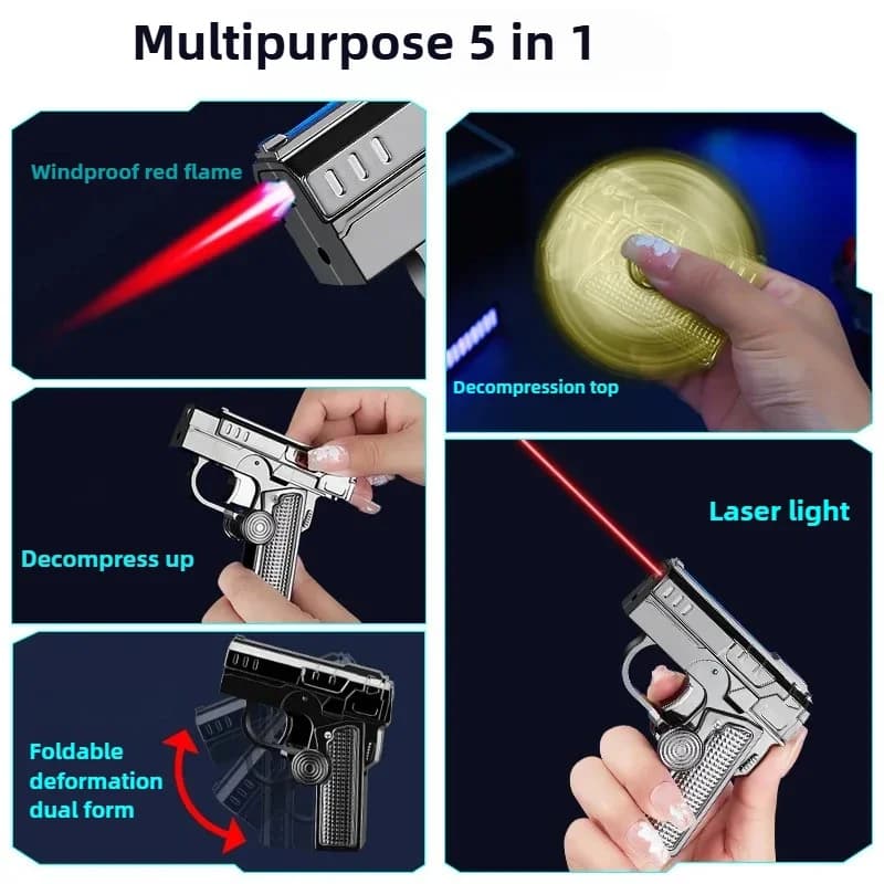 Accendino a gas creativo con fiamma rossa, accendino pieghevole a pistola, accendisigari con luce laser, giroscopio rotante