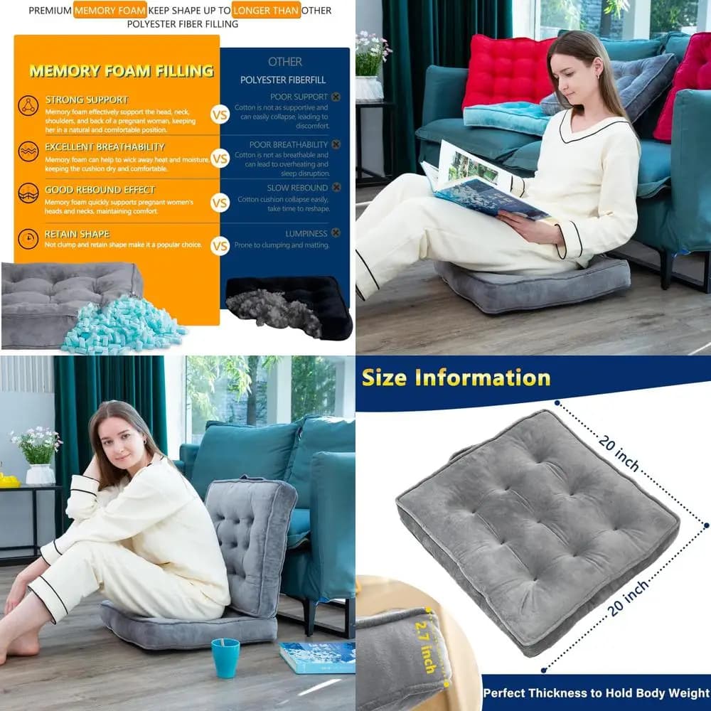 Set of 4 floor cushions in memory foam, 20 x 20 inch square cushions for meditation, yoga and living room in grey