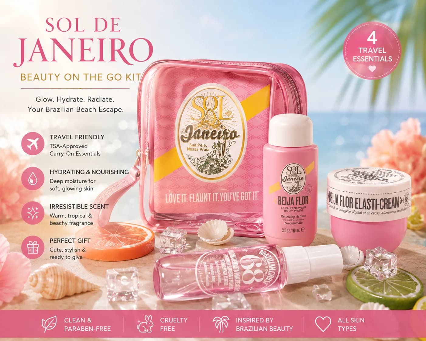 Sol de Janeiro Beija Flor Body Care Set - Pink Travel Bag with Body Wash Cream - Brazilian Skincare Gift Kit - Summer Beauty Collection