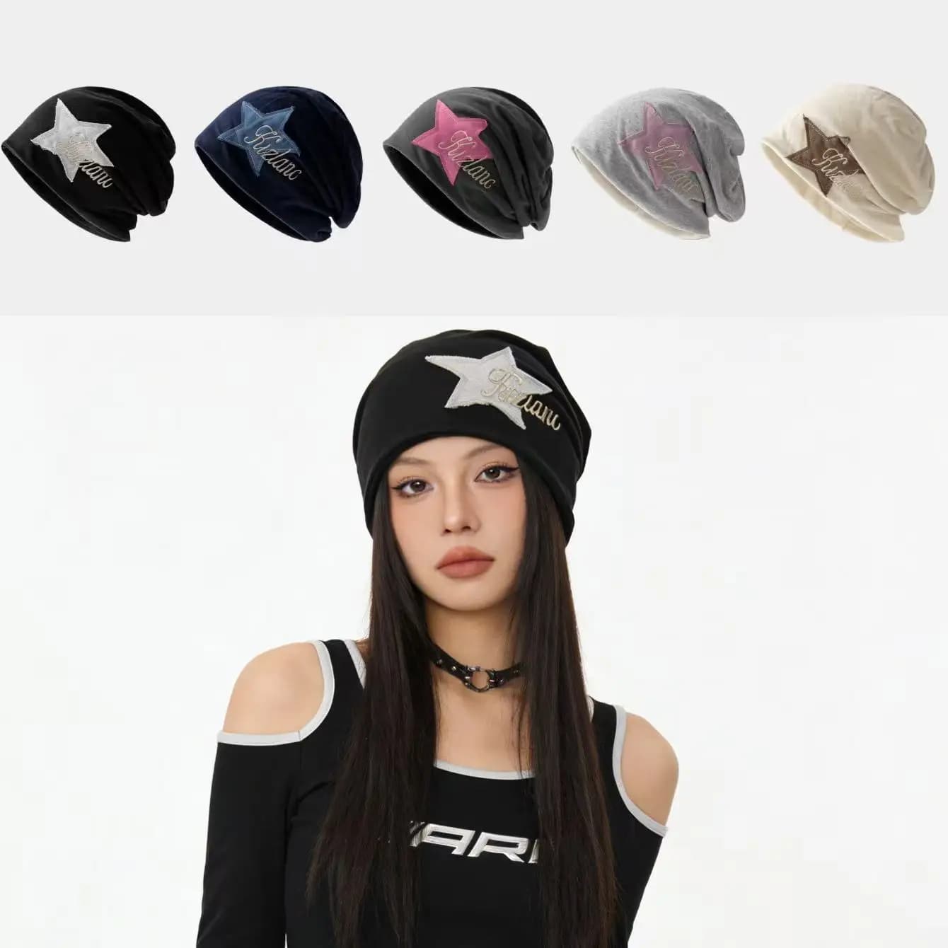 Berretto Slouchy con Stampa a Stelle Y2K per Donne, Cappello Morbido in Maglia Elasticizzata, Copricapo alla Moda Streetwear, Accessorio Trendy con Grafica a Stelle