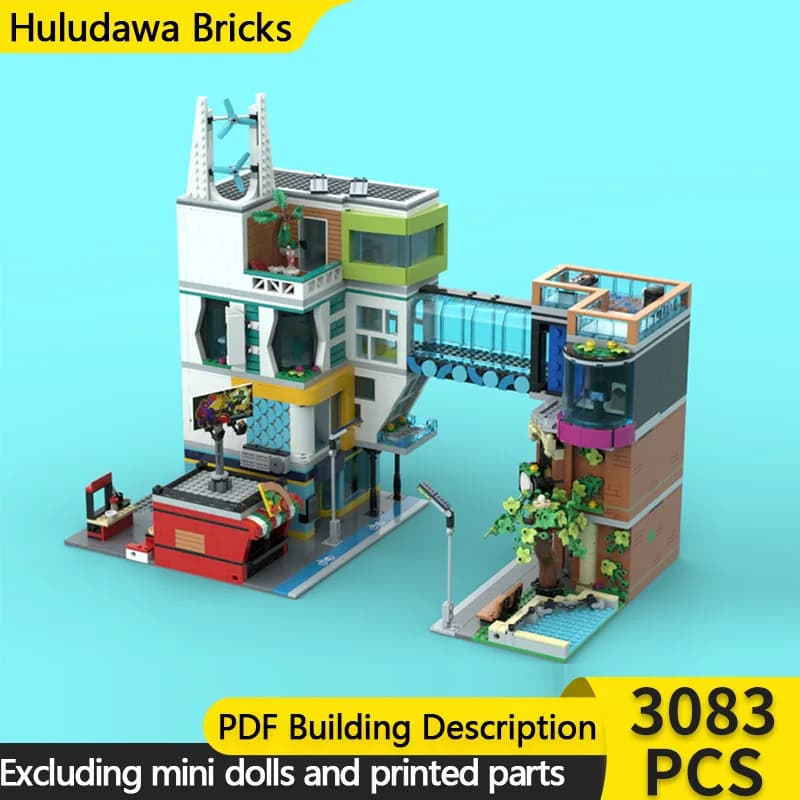\Street View Model MOC Building Brick Downtown Commercial Street Modular Technology Children Holiday Gifts Assemble Toys Suit