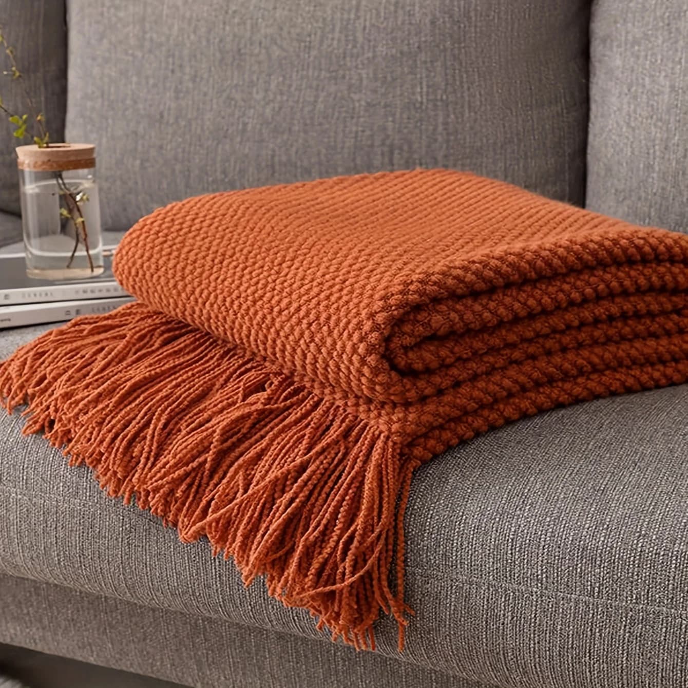 1 pezzo Morandi Coperta lavorata a maglia con nappe arancioni, morbida coperta calda per pisolino per divano, campeggio, viaggi