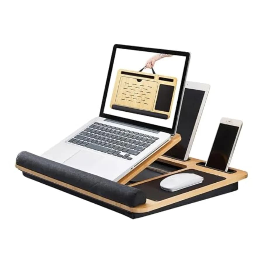 Supporto Pieghevole in Legno per Laptop, Regolabile ed Ergonomico, con Cuscino e Ripiano Portaoggetti, per Casa e Ufficio