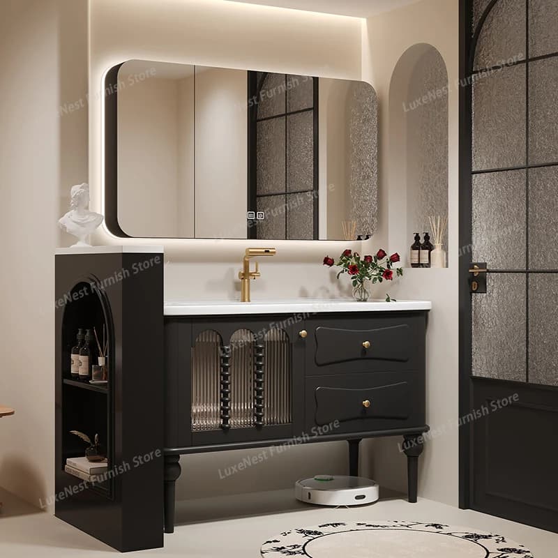 Mobile Bagno Verticale Vintage con Specchio, Cassetti e Organizer di Lusso - Stile Francese